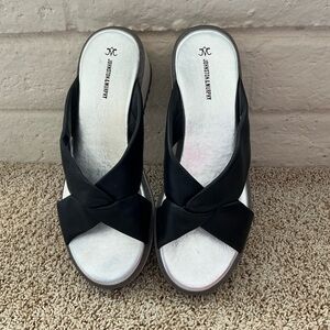 Johnston & Murphy Black Mules with Silver Accents